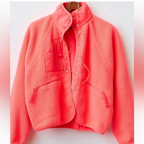 Free People Hit The Slopes Fleece Jacket Neon Coral FP Movement Oversized Large - Picture 6 of 12
